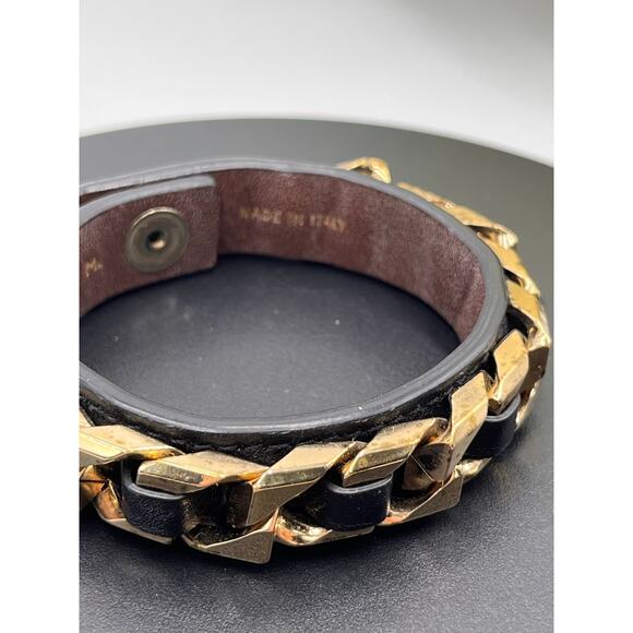Givenchy Gold Tone Chain Link Black Leather Wrap Snap Bracelet Sz M Italy - Picture 5 of 8